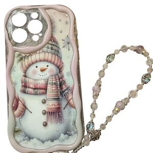 iPhone 15 pro max Christmas snowman phone case glass bead strap